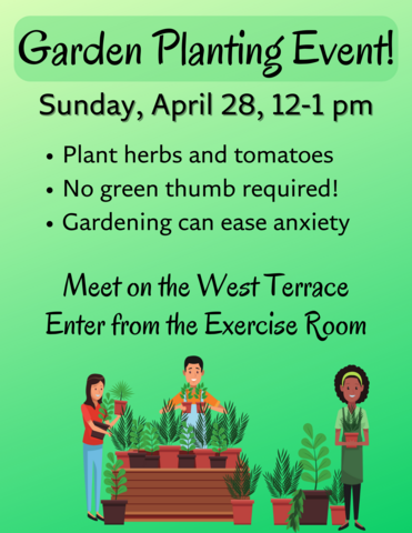 Garden planting event with location and details, including a graphic showing 3 people with plants and pots
